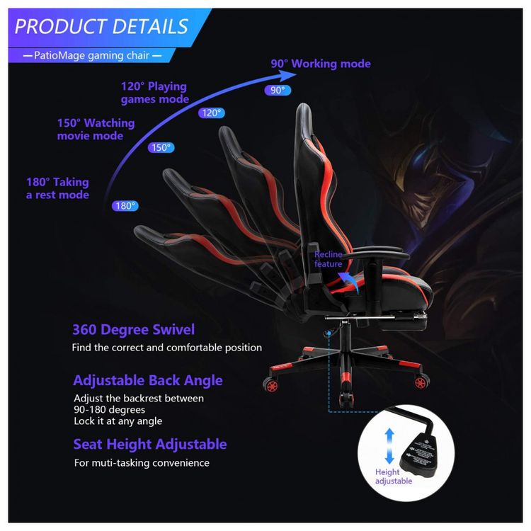 Cadeira-Gamer-Ergonomica-Giratoria-com-Suporte-Lombar-e-foto-3