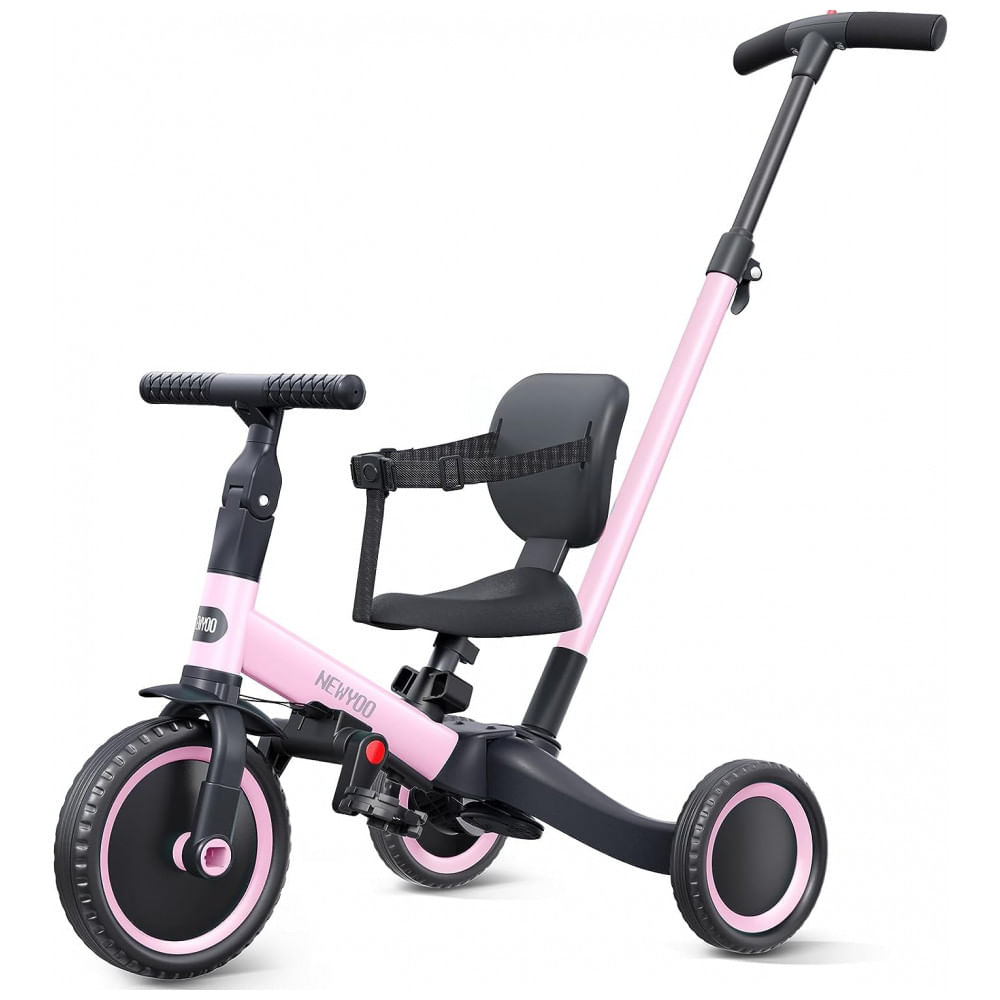 Triciclo Infantil 5 em 1 com Alça de Direção dos Pais, Encosto e Cinto de Segurança para Crianças de 1 a 3 Anos, Newyoo, Rosa