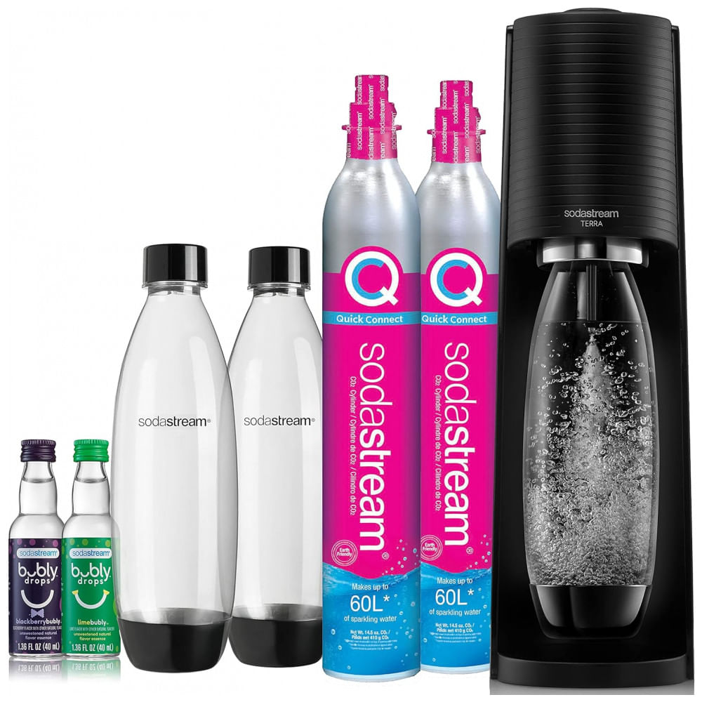 Máquina Para Gaseificar Água com CO2, Garrafas DWS e Pacote de Sabores Bubly Drops, SodaStream, Preto
