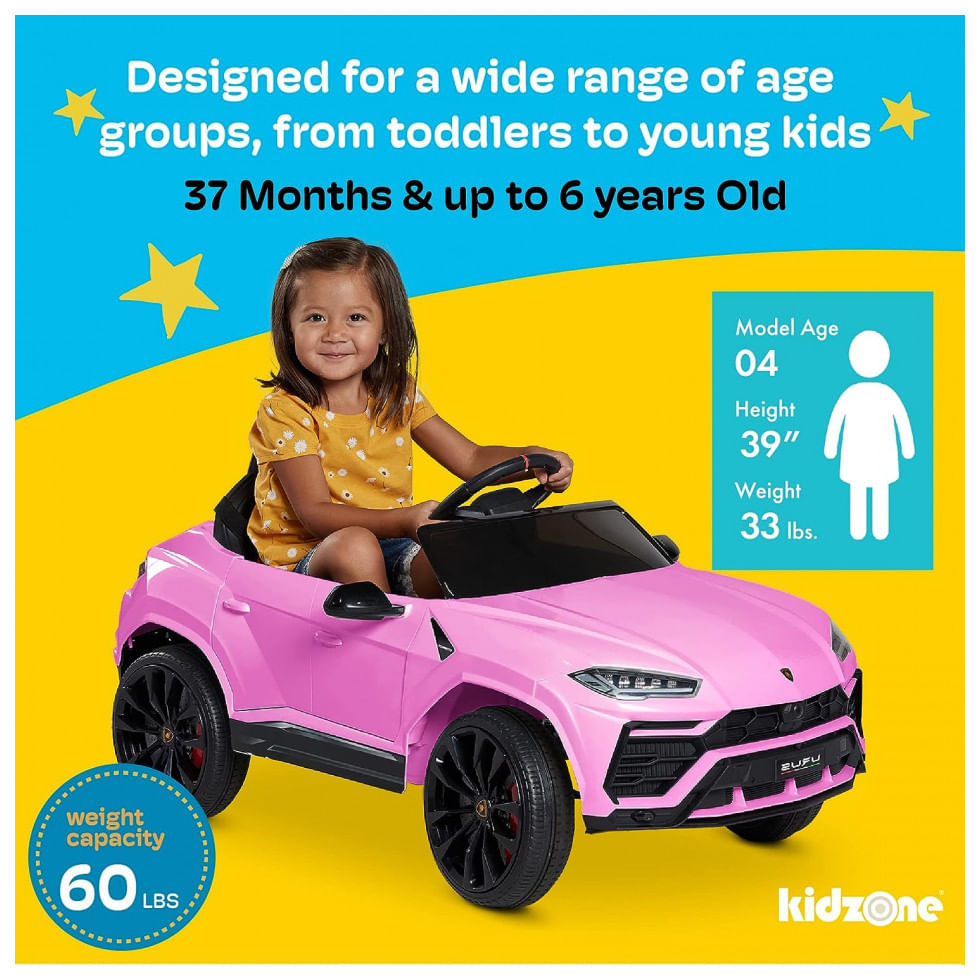 Encontraproduto.com.br - Carro, Carrinho Elétrico Infantil a Bateria 12V 1 Assento com Luz LED e Suspensão de Mola, KIDZONE, Rosa
