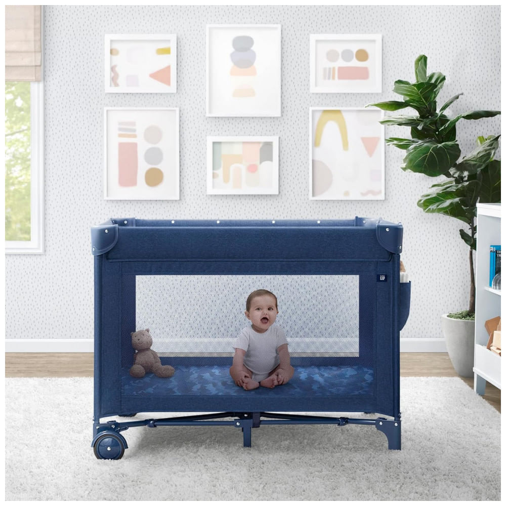 Encontraproduto.com.br - Berço Cercado Portátil com Trocador Removível e Três Ursos Brannan de Pelúcia, Delta Children, Azul