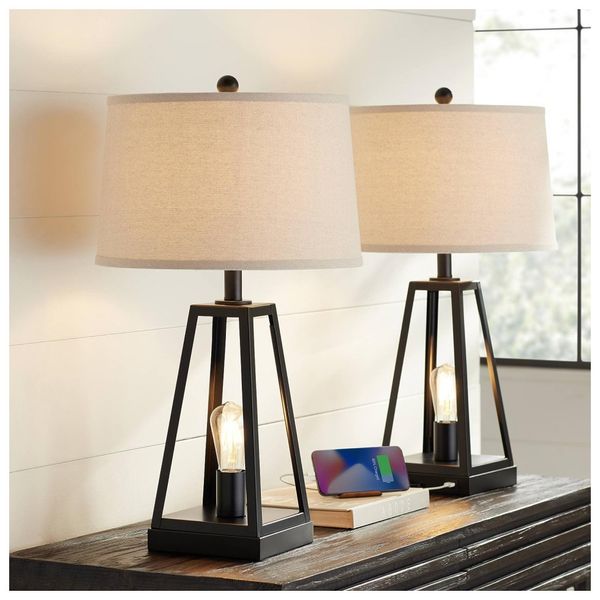 Kit-2-Luminarias-de-Mesa-Vintage-em-Metal-e-Abajur-de-foto-0