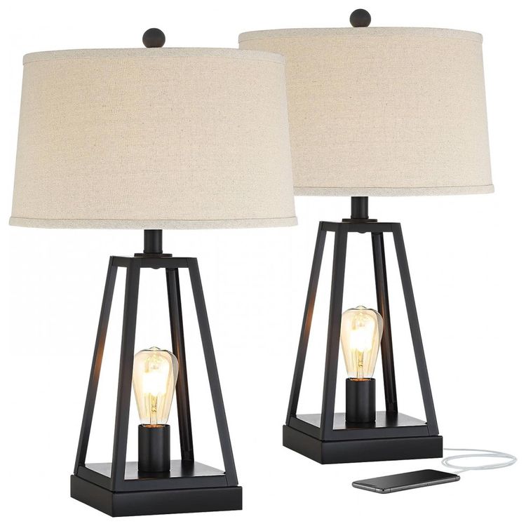 Kit-2-Luminarias-de-Mesa-Vintage-em-Metal-e-Abajur-de-foto-1