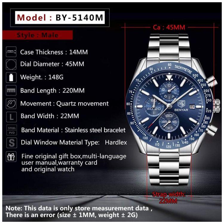 BENYAR-BY-5140S-Silver-Blue-Relogio-Masculino-Analogico-foto-5