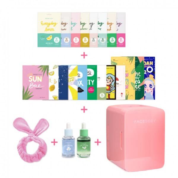 Ultimate Mini Geladeira para Skincare 6 L com 28 Máscaras e Hidratantes, 12V, 110v, FACETORY, Rosa