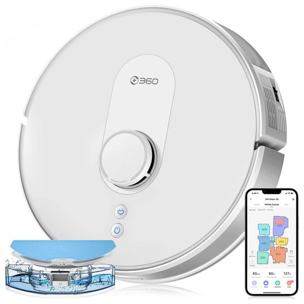 LiDAR Aspirador de Pó Robô, 2200Pa, Capacidade 500 mL, Recarregável, Controle de Voz, Branco