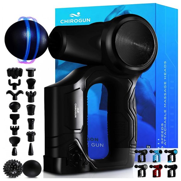 CHIROGUN Massageador Pistola Elétrico Profissional Sem Fio 14 Acessórios, Preto