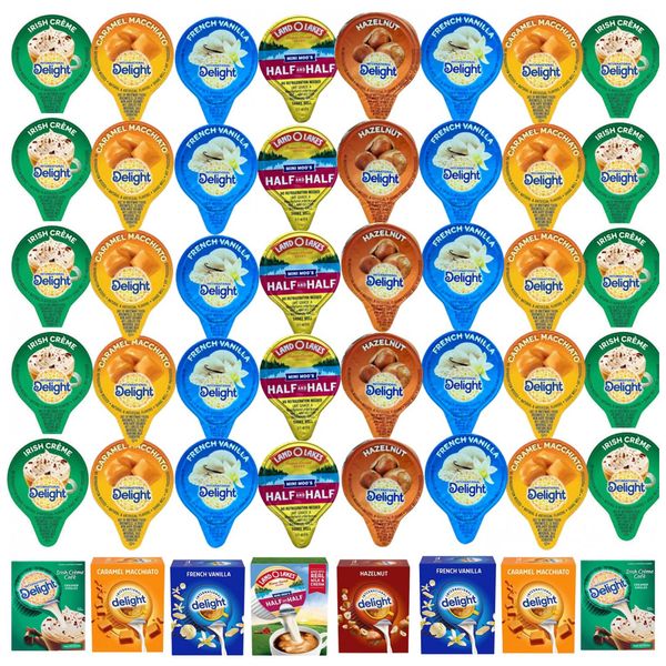 Creme Líquido para Café com 5 Sabores Variados, 50 Unidades no Total, Delight Mini e Land Laker's Half