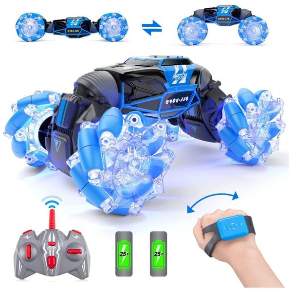 Carrinho de Controle Remoto e Sensor de Gestos com Dupla Face 360, Transformação Off Road e Luz LED, Powerextra, Azul