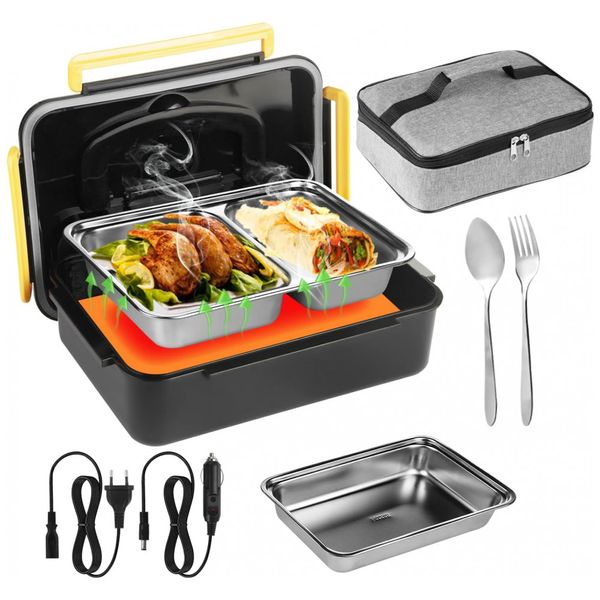 Marmita Elétrica Portátil 3 em 1, 1,5L com 2 Recipientes Removíveis, Garfo e Colher, 12V 24V e 110V, Liangding, Preta
