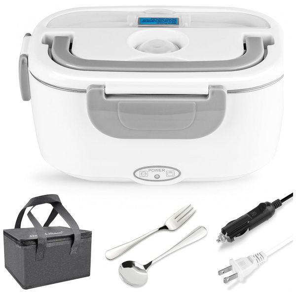 Marmita Elétrica Portátil 2 em 1, 1,5L com Bolsa para Transporte, Colher e Garfo, 12V ou 110V, HengLiSam, Cinza