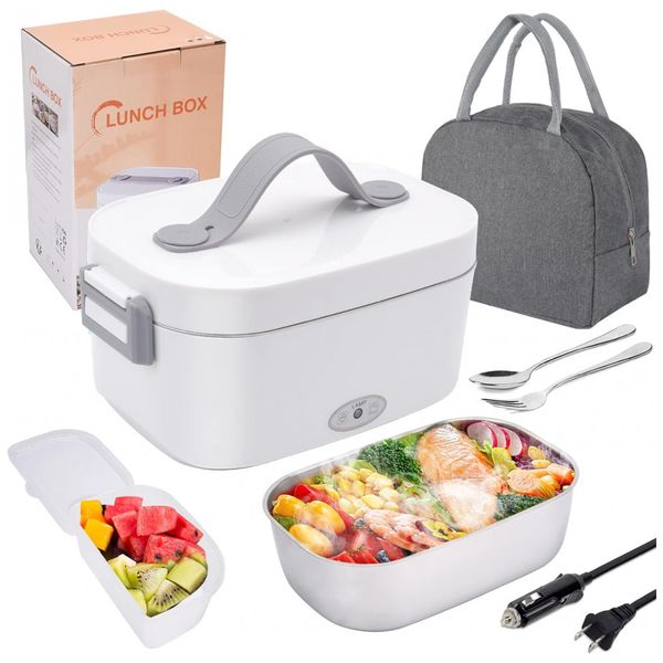 Marmita Elétrica Portátil 1,5L com Recipiente Removível de Aço Inoxidável, Garfo, Colher e Bolsa de Transporte Isolada, 12V ou 110V, Xflyee, Branca