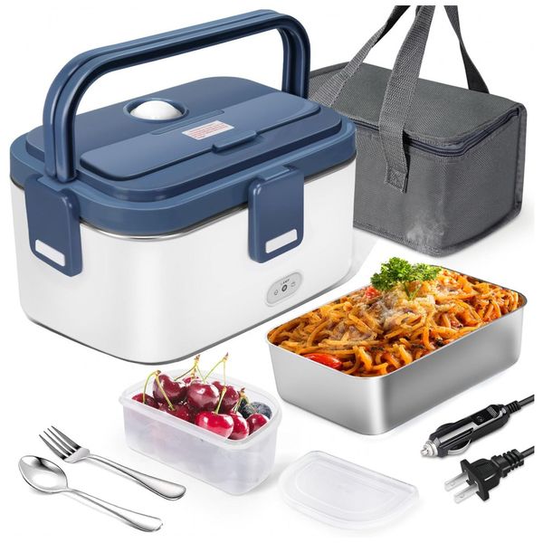 Marmita Elétrica Portátil 3 em 1, 1,8L com Adaptador 12V 24V 110V, Garfo e Colher Removível de Aço Inoxidável, AUTOPkio, Azul