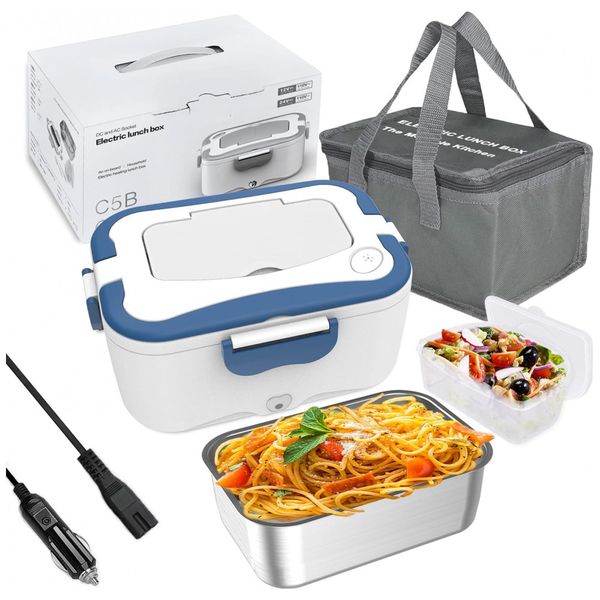 Marmita Elétrica Portátil 2 em 1, 1,5L com Bolsa de Transporte e Recipiente Removível de Aço Inoxidável 304, 12V 110V, Camisoon, Branco e Azul