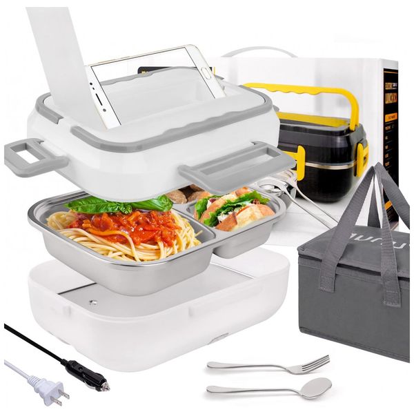 Marmita Elétrica Portátil 3 em 1, 1,5L com Recipiente Removível de Aço Inoxidável 304, Garfo, Colher e Bolsa de Transporte, 12V 24V 110V, Punup,