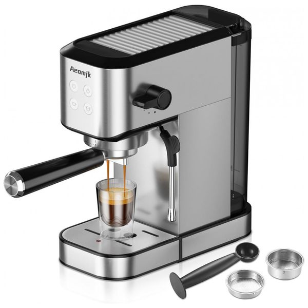 Máquina de Café Expresso em Aço Inoxidável 20 Bar com Vaporizador, 110V 1350W, Aeomjk, Prata