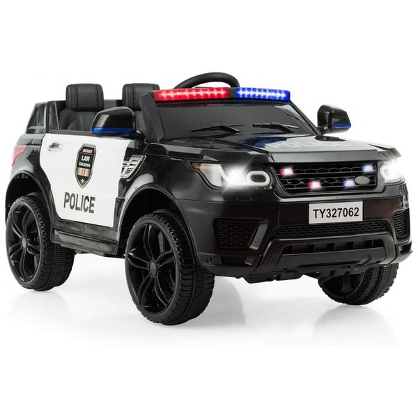Carro Elétrico Infantil Policial a Bateria com 3 Velocidades, Sirene, Buzina e Música, 12V, HONEY JOY, Preto