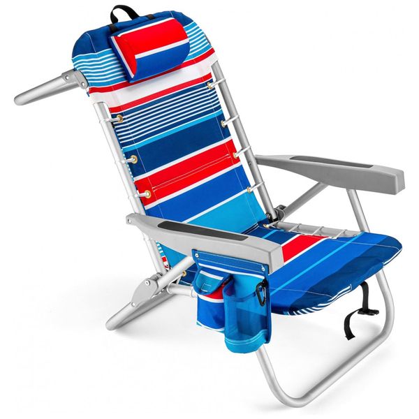 Cadeira de Praia Dobrável com 5 Posições, Bolsa Traseira para Bebidas e Porta- Copos, Homevative, Azul Listrada