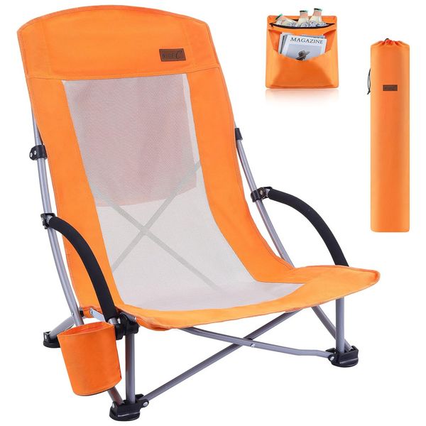 Cadeira de Praia Portátil para Adultos, com Costas Altas e Porta-Copos, Nice C, Laranja