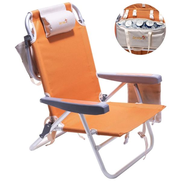 Cadeira de Praia Portátil com 5 Posições e Mochila para Bebidas, Sunnyfeel, Laranja