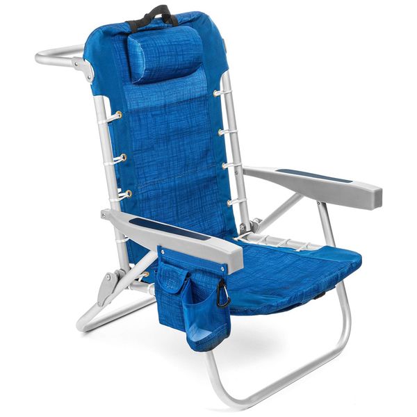 Cadeira de Praia Dobrável com 5 Posições, Bolsa Traseira para Bebidas e Porta- Copos, Homevative, Azul
