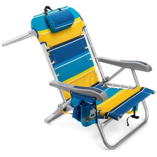Cadeira de Praia Dobrável com 5 Posições, Porta Bebidas e Apoio para Cabeça, Homevative, Amarela e Azul