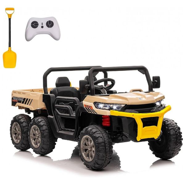 Caminhão Basculante Elétrico Infantil 6x6, 2 Lugares com Controle Remoto, Bluetooth e Cama Basculante, 24V, POSTACK, Marrom