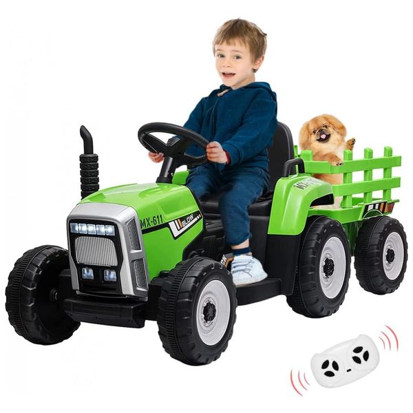 Trator Elétrico Infantil com Reboque, Controle Remoto e Faróis de LED, 12V, PALBY'S, Verde