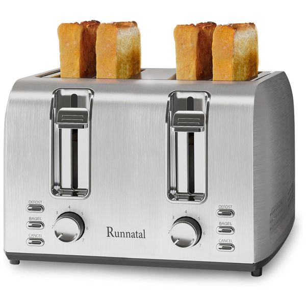 Torradeira em Aço Inoxidável 4 Fatias com 7 Níveis de Tostagem e Fácil de Limpar, 1600W, Runnatal, Prata