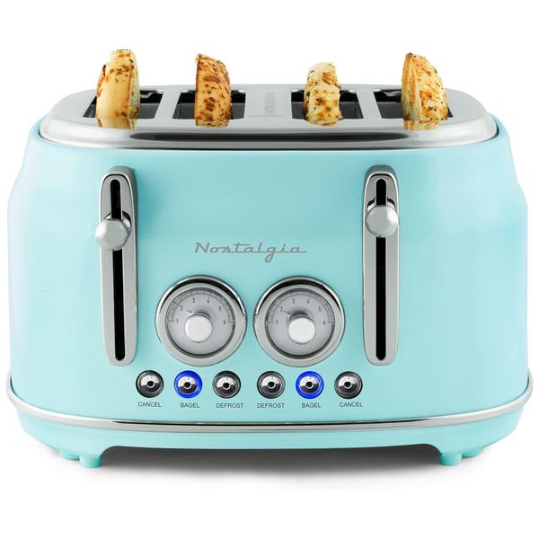 Torradeira 4 Fatias Retrô Vintage com Bandeja de Migalhas Removível e 6 Níveis de Tostagem, 1400W, Nostalgia, Azul