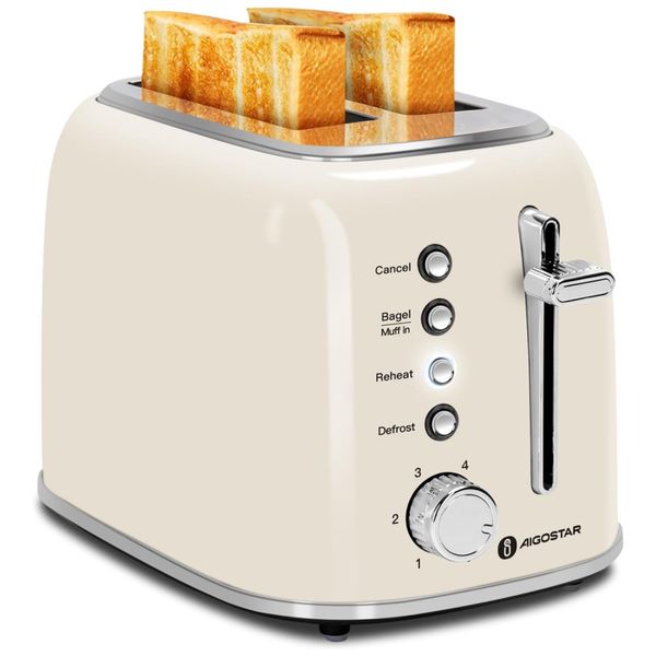 Torradeira Retrô 2 Fatias com 6 Níveis de Tostagem e Bandeja de Migalhas Removível, 800W 110V, Aigostar, Creme