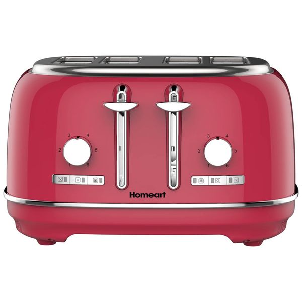 Torradeira Retrô 4 Fatias em Aço Inoxidável com Controle de Tostagem e Bandeja de Migalhas Removível, 1500W, Homeart, Vermelha