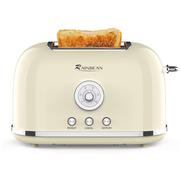 Torradeira Retrô 2 Fatias em Aço Inoxidável com 6 Níveis de Tostagem e Função de Reaquecimento, 825W, RAINBEAN, Creme