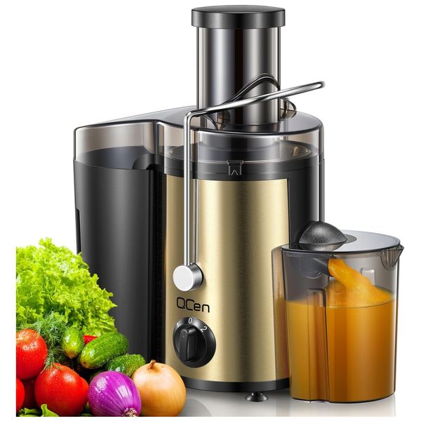 Centrifuga de Frutas com 2 Velocidades, Bocal Largo, Aço Inoxidável, 110V 500W, QCen, Dourado