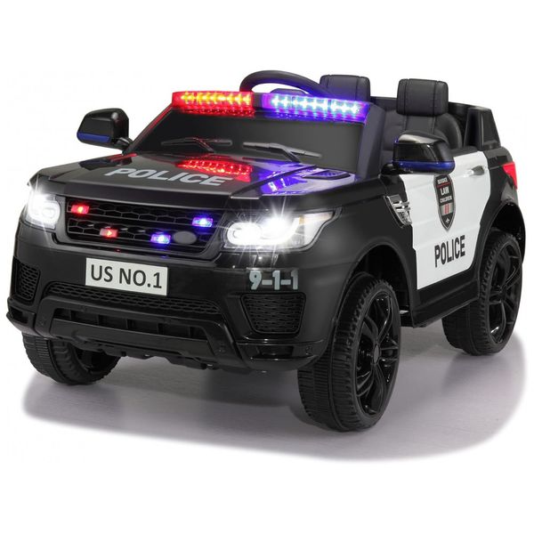 Carro Elétrico Infantil a Bateria Policial com Controle Remoto, Sirene, Luzes Piscantes, Música via Blueooth e Suspensão de Mola, 12V, TOBBI, Preto e