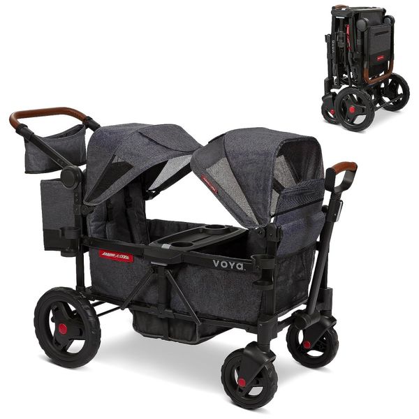 Carrinho de Passeio Vagão Duplo com 2 Assentos Altos e Dossel UV Ajustável, Radio Flyer Voya, Cinza