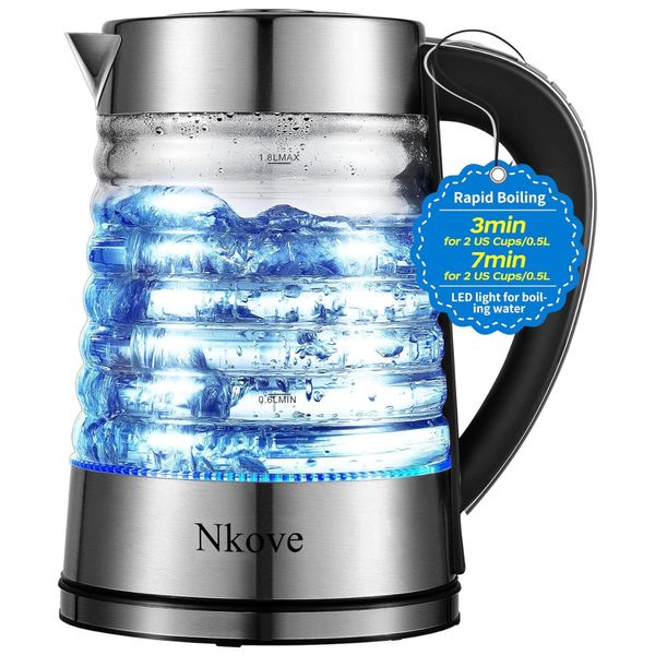 Chaleira Elétrica de Vidro 1,8L com Controle de Temperatura e Luz LED, 110V 1500W, NKOVE, Prata