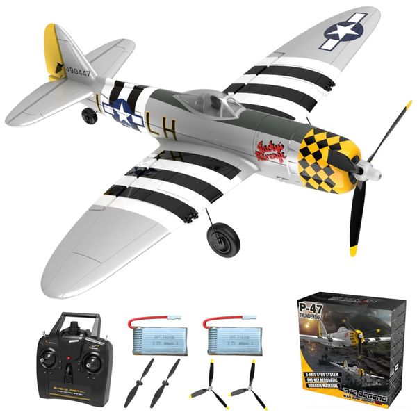 Avião de Controle Remoto com Acessórios, Sistema de Estabilização Xpilot e One Key Acrobático, ANBURI P47, Cinza e Amarelo