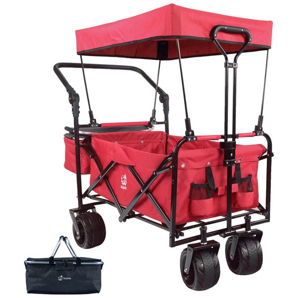 Carrinho Vagão Dobrável Multifuncional com Dossel Removível e Armazenamento, Napfox, Vermelho
