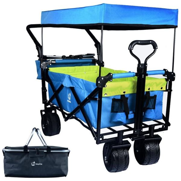 Carrinho Vagão Dobrável Multifuncional com Dossel Removível e Armazenamento, Napfox, Azul e Verde