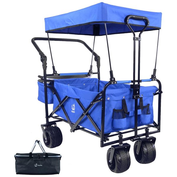Carrinho Vagão Dobrável Multifuncional com Dossel Removível e Armazenamento, Napfox, Azul