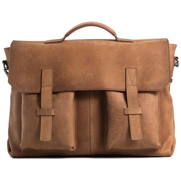 Bolsa Carteiro Masculina de Couro Grão Integral para Laptop com 15 Polegadas e Fecho Magnético, VELEZ, Marrom