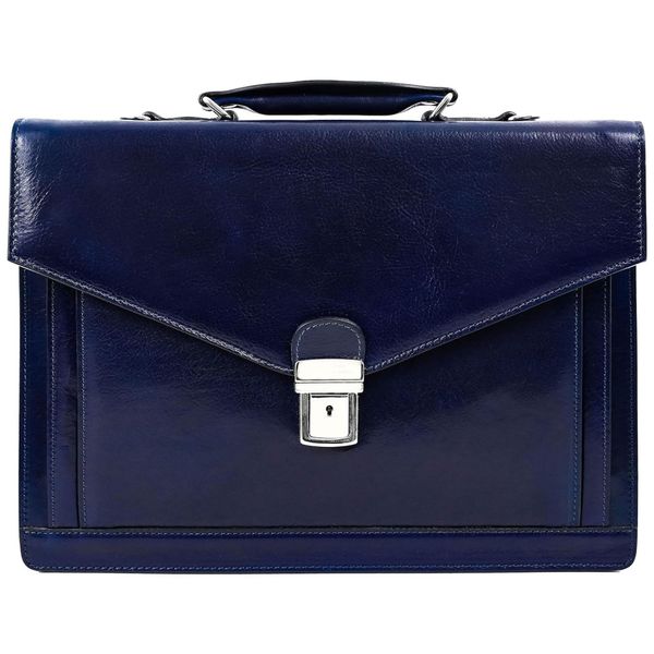 Bolsa Carteiro Masculina de Couro Artesanal Italiano para Laptop com 15 Polegadas e Fecho em Zíper, Time Resistance, Azul