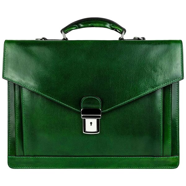 Bolsa Carteiro Masculina de Couro Artesanal Italiano para Laptop com 15 Polegadas e Fecho em Zíper, Time Resistance, Verde