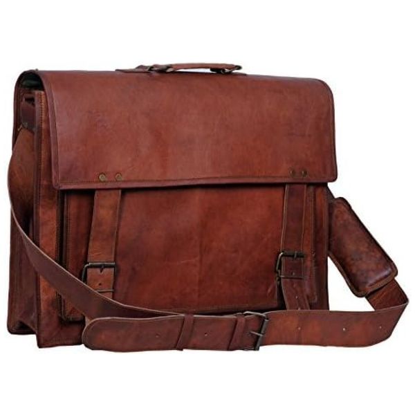 Bolsa Carteiro Masculina Couro de Búfalo para Laptop com 16 Polegadas, Komal s Passion Leather, Marrom