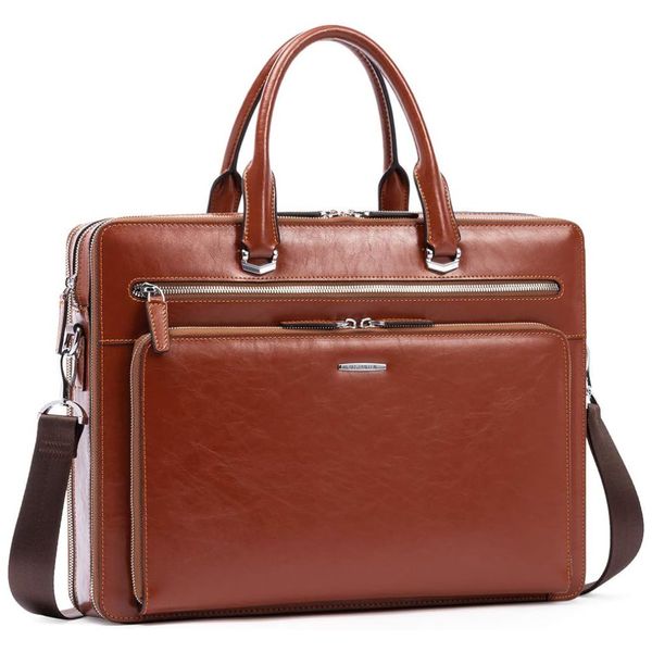 Bolsa Carteiro Masculina Couro de Cera de Óleo para Laptop com 15,6 Polegadas, BOSTANTEN, Marrom