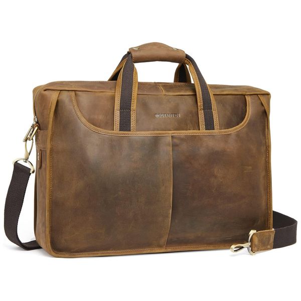 Bolsa Carteiro Masculina de Couro Crazy Horse para Laptop com 17 Polegadas, BOSTANTEN, Marrom Café