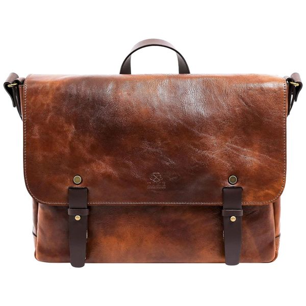 Bolsa Carteiro Masculina de Couro Italiano para Laptop com 13 Polegadas e Fecho em Zíper, Time Resistance, Marrom