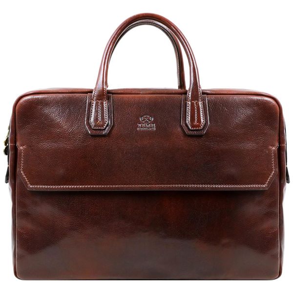 Bolsa Carteiro Masculina de Couro Italiano para Laptop com 17 Polegadas e Fecho em Zíper, Time Resistance, Marrom