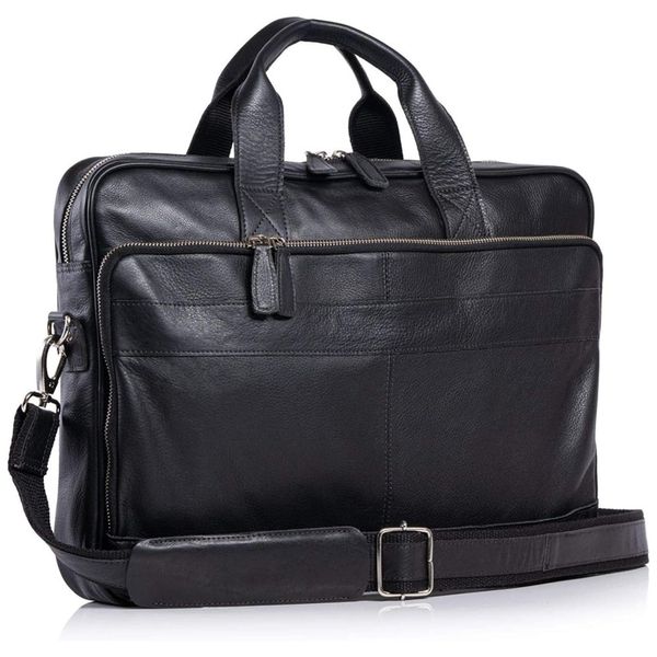Bolsa Carteiro Masculina Couro de Búfalo para Laptop com 18 Polegadas e Fecho em Zíper de Metal, Komal's Passion Leather, Preta